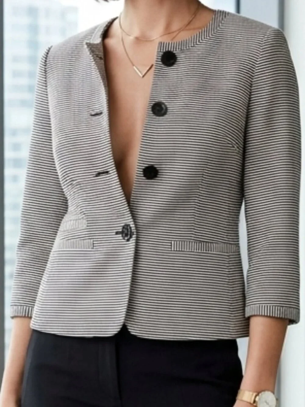 ✨ NWT Talbots "Jackie" Navy Stripe Blazer 2P | Jewel Neck 4-Button Statement - Picture 2 of 7